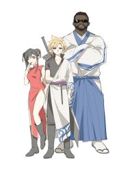 Rule 34 | 1girl, 2boys, arm behind back, barret wallace, black footwear, black hair, blonde hair, blue eyes, blue hakama, boots, breasts, buster sword, china dress, chinese clothes, closed mouth, cloud strife, commentary request, cosplay, crossed arms, dark-skinned male, dark skin, double bun, dress, duoj ji, earrings, facial hair, final fantasy, final fantasy vii, final fantasy vii remake, full body, gintama, hair bun, hair ornament, hakama, height difference, high collar, highres, japanese clothes, jewelry, kagura (gintama), kagura (gintama) (cosplay), kimono, knee boots, large breasts, long hair, looking at viewer, multiple boys, one eye closed, parted lips, pelvic curtain, popped collar, red dress, red eyes, robe, sakata gintoki, sakata gintoki (cosplay), sandals, sash, scar, scar on face, shimura shinpachi, shimura shinpachi (cosplay), side slit, single earring, socks, spiked hair, standing, sunglasses, sweatdrop, swept bangs, sword, tassel, tassel hair ornament, tifa lockhart, weapon, weapon on back, white background, white kimono, white robe, white socks, wide sleeves, zouri