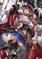 Rule 34 | 1girl, armpits, belt, blue eyes, breasts, brown hair, choker, cleavage, clothing cutout, coat, detached collar, detached sleeves, frills, granblue fantasy, hand on headwear, hand up, hat, hat feather, highres, jacket, jacket on shoulders, jewelry, large breasts, lecia (granblue fantasy), long hair, miniskirt, navel, navel cutout, peaked cap, pleated skirt, skirt, solo, soraneko hino, standing, thighhighs, weapon, zettai ryouiki