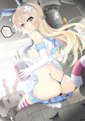 Rule 34 | 10s, 1girl, :x, absurdres, ass, bandages, blonde hair, blue eyes, breasts, bucket, chestnut mouth, damaged, elbow gloves, from behind, gloves, hair ribbon, highres, hyasumasa, innertube, kantai collection, long hair, looking back, machinery, microskirt, nipples, panties, personification, rensouhou-chan, ribbon, shimakaze (kancolle), sitting, skirt, small breasts, socks, solo, striped clothes, striped socks, striped thighhighs, sweatdrop, swim ring, tears, thighhighs, torn clothes, torn panties, turret, underwear