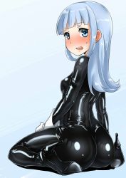 Rule 34 | 10s, 1girl, :o, ass, ayuayu (shouyu no sato), black bodysuit, blue eyes, blue hair, blunt bangs, blush, bodysuit, breasts, covered erect nipples, flipped hair, from behind, from side, full body, gloves, hatsukaze (kancolle), high heels, kantai collection, latex, latex suit, long hair, looking at viewer, looking back, matching hair/eyes, nose blush, open mouth, shiny clothes, sitting, skin tight, small breasts, solo, sweatdrop, wariza, white gloves