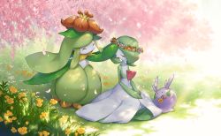 Rule 34 | ^ ^, closed eyes, closed mouth, creatures (company), day, closed eyes, falling petals, flower, from side, game freak, gardevoir, gen 3 pokemon, gen 5 pokemon, gen 6 pokemon, goomy, grass, happy, highres, holding, kemonomichi (blue black), lilligant, mouth hold, nintendo, no humans, outdoors, petals, pokemon, pokemon (creature), sitting, smile, standing, symbol-only commentary, wreath, yellow flower