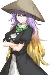 Rule 34 | &gt;:), 1girl, absurdres, ajirogasa, bad id, bad twitter id, bead necklace, beads, black coat, brown hair, coat, crossed arms, dress, gradient hair, hat, highres, hijiri byakuren, jewelry, kankan33333, long hair, multicolored hair, necklace, puffy short sleeves, puffy sleeves, purple eyes, purple hair, short sleeves, simple background, solo, touhou, v-shaped eyebrows, white background, white dress