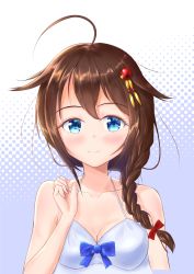 Rule 34 | 1girl, ahoge, alternate costume, aomi one, bare arms, bare shoulders, blue eyes, blush, braid, breasts, brown hair, cleavage, collarbone, commentary request, dress, hair between eyes, hair flaps, hair ornament, hair ribbon, highres, kantai collection, looking at viewer, medium breasts, red ribbon, ribbon, shigure (kancolle), shigure kai ni (kancolle), sidelocks, simple background, single braid, sleeveless, sleeveless dress, smile, solo, spaghetti strap, upper body, white dress