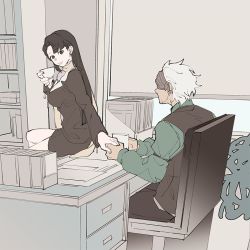 Rule 34 | ace attorney, brown hair, cup, dark-skinned male, dark skin, desk, godot (ace attorney), holding hands, kyoii, long hair, long sleeves, mask, mia fey, office, on desk, partially colored, sitting, on desk, sketch, smile, vest, white hair