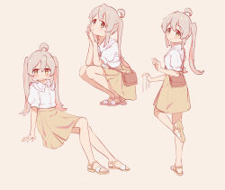 Rule 34 | 1girl, ahoge, bag, bare legs, chinese commentary, commentary request, frilled shirt collar, frills, full body, grey hair, hair between eyes, highres, light blush, long hair, multicolored hair, multiple views, no socks, onii-chan wa oshimai!, oyama mahiro, pink hair, puffy short sleeves, puffy sleeves, sandals, shirt, short sleeves, shoulder bag, simple background, sitting, skirt, smile, squatting, standing, standing on one leg, twintails, two-tone hair, white shirt, yellow eyes, yellow skirt, ziyan yi
