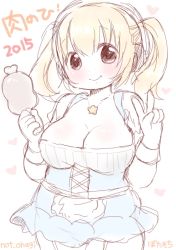 Rule 34 | 1girl, apron, bad id, bad pixiv id, blonde hair, blush, boned meat, breasts, cleavage, dirndl, dress, female focus, food, german clothes, headphones, huge breasts, idu michito, large breasts, looking at viewer, meat, meat day, nitroplus, open mouth, orange eyes, plump, short hair, smile, solo, super pochaco, twintails