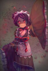 Rule 34 | 1girl, antennae, apron, arm up, arthropod girl, artist name, brown kimono, closed mouth, commentary, double bun, english commentary, entoma vasilissa zeta, extra pupils, fangs, hair bun, highres, japanese clothes, kimono, kirakipeachy, light smile, looking at viewer, maid, maid headdress, monster girl, overlord (maruyama), pantyhose, pink ribbon, purple hair, red eyes, ribbon, shaded face, short hair, simple background, skin fangs, sleeves past wrists, solo, waving, white apron, wide sleeves