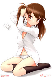 Rule 34 | 1girl, adjusting hair, black socks, brown eyes, brown hair, collared shirt, dated, dress shirt, full body, kantai collection, long hair, navel, one-hour drawing challenge, open clothes, panties, ray.s, ryuujou (kancolle), shirt, simple background, sitting, socks, solo, twintails, twitter username, underwear, white background, white panties, white shirt, yokozuwari