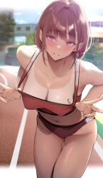 Rule 34 | 1girl, absurdres, bare arms, bare shoulders, blush, breasts, brown hair, buruma, cleavage, collarbone, commentary request, gentsuki, highres, large breasts, leaning forward, looking at viewer, navel, original, outdoors, parted lips, red buruma, red eyes, red sports bra, smile, solo, sports bra, stomach, tan, tanline, thighs, track and field