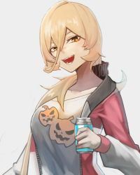 Rule 34 | 1girl, blonde hair, blush, breasts, commentary, drink, fang, grey background, hair between eyes, jack-o&#039;-lantern print, jacket, long hair, looking at viewer, medium breasts, nijisanji, nui sociere, nui sociere (2nd costume), open clothes, open jacket, open mouth, ponytail, red jacket, scrunchie, shirt, simple background, smile, solo, t-shirt, upper body, virtual youtuber, white shirt, yellow eyes, ziu