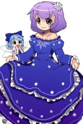 Rule 34 | 2girls, alternate costume, blue dress, bow, cirno, dress, female focus, flower, frilled dress, frills, hair bow, hair flower, hair ornament, hands on own cheeks, hands on own face, hirosato, jewelry, layered dress, letty whiterock, looking at another, looking at viewer, multiple girls, pendant, purple hair, skirt hold, smile, snowflakes, touhou
