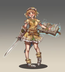 Rule 34 | 1girl, :d, anoushka russel, belt, book, bracer, brown eyes, brown hair, brown shorts, frilled skirt, frills, gauntlets, gradient background, grand codex project, grey background, hair ribbon, highres, holding, holding sword, holding weapon, light brown hair, looking at viewer, nowell codex, open book, open mouth, ribbon, sheath, short hair, short sleeves, shorts, simple background, skirt, smile, solo, sword, thick eyebrows, weapon, wristband, yellow skirt