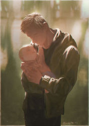 Rule 34 | 1boy, 1girl, baby, blonde hair, blurry, blurry background, capcom, closed eyes, engagement ring, ethan winters, father and daughter, holding baby, jewelry, luckytea, pale skin, resident evil, resident evil village, ring, rosemary winters, smile, wedding ring