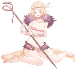 Rule 34 | 10s, 1girl, armlet, bandeau, bare legs, blonde hair, bracer, breasts, brown eyes, choker, circlet, collarbone, djeeta (granblue fantasy), feathers, granblue fantasy, groin, hair between eyes, holding, jewelry, koza game, medium breasts, navel, necklace, open mouth, short hair, simple background, sitting, skirt, solo, sorcerer (granblue fantasy), staff, wariza, white background