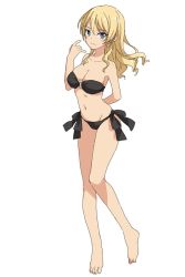 Rule 34 | 10s, 1girl, alternate costume, alternate hairstyle, arm behind back, bare arms, bare legs, bare shoulders, barefoot, bikini, black bikini, blonde hair, blue eyes, blush, breasts, cleavage, closed mouth, collarbone, commentary request, darjeeling (girls und panzer), feet, female focus, floating hair, full body, girls und panzer, hair between eyes, hair down, hand up, legs, light smile, long hair, looking at viewer, medium breasts, navel, neck, o-ring, o-ring bikini, o-ring swimsuit, o-ring top, side-tie bikini bottom, sidelocks, simple background, solo, sonasiz, standing, strapless, strapless bikini, swept bangs, swimsuit, thighs, wavy hair, white background