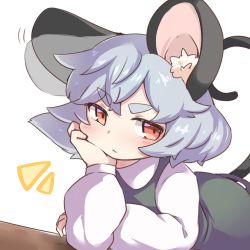 Rule 34 | 1girl, animal ear fluff, animal ears, black dress, blush, commentary request, dress, elbow rest, grey hair, highres, leaning forward, long sleeves, looking at viewer, mouse ears, mouse tail, nazrin, red eyes, shirt, short hair, simple background, solo, tail, take no ko (4919400), thick eyebrows, touhou, upper body, white background, white shirt