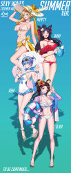 Rule 34 | 10s, 4girls, :d, ;d, ahoge, ahri (league of legends), alternate costume, alternate hairstyle, animal ears, ankle lace-up, arm at side, artist name, ball, bare arms, bare legs, bare shoulders, beachball, bikini, bikini top only, black hair, blonde hair, blue bow, blue eyes, blue hair, blunt bangs, blush, bow, bow choker, bracelet, breasts, brown eyes, brown hair, casual one-piece swimsuit, character name, choker, citemer, cleavage, collarbone, criss-cross halter, cross-laced footwear, d.va (overwatch), eyewear on head, facial mark, fingernails, flower, food, fox ears, fox tail, frilled bikini, frills, front-tie bikini top, front-tie top, full body, gradient background, groin, hair flower, hair ornament, hair tie, halterneck, hand on headwear, hand on own hip, hand up, hat, hat flower, hibiscus, highres, holding, holding ball, innertube, jacket, jewelry, large breasts, league of legends, legs apart, long fingernails, long hair, long sleeves, looking at viewer, mercy (overwatch), midriff, multiple girls, multiple tails, nail polish, navel, ok sign, one-piece swimsuit, one eye closed, open clothes, open jacket, open mouth, overwatch, overwatch 1, parted lips, pink nails, ponytail, popsicle, purple choker, purple jacket, purple ribbon, re:zero kara hajimeru isekai seikatsu, red bikini, red choker, red flower, red nails, rem (re:zero), ribbon, sandals, sarong, short ponytail, side-tie bikini bottom, side ponytail, sleeveless, slit pupils, smile, standing, stomach, strap gap, sun hat, sunglasses, swim ring, swimsuit, tail, teeth, toenail polish, toenails, toes, underboob, upper teeth only, whisker markings, white bikini, white choker, white hat, white one-piece swimsuit, x hair ornament, yellow eyes, yellow flower