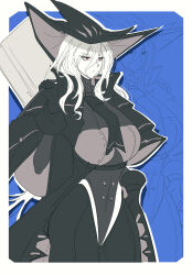 Rule 34 | 1girl, absurdres, adapted costume, arknights, blue background, border, breasts, cowboy shot, gloves, greyscale with colored background, hair between eyes, hat, highres, holding, leotard, long hair, medium breasts, necktie, outside border, pants, red eyes, sizhe, skadi (arknights), solo, spot color, white border