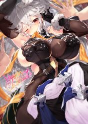 Rule 34 | 1girl, 218, breasts, cleavage, elbow gloves, fur trim, gloves, granblue fantasy, large breasts, layered gloves, long hair, looking at viewer, lying, magisa (granblue fantasy), on back, one eye closed, pov, red eyes, see-through, see-through cleavage, sideboob, silver hair, solo focus, very long hair