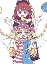 Rule 34 | 2girls, absurdres, american flag dress, black shirt, blonde hair, blush stickers, chain, clownpiece, colored skin, dress, earth (ornament), fairy, fairy wings, frilled skirt, frills, hat, hecatia lapislazuli, highres, jester cap, kame (kamepan44231), long hair, moon (ornament), multicolored skin, multiple girls, off-shoulder shirt, off shoulder, one-hour drawing challenge, open mouth, pink eyes, polka dot, polka dot headwear, purple headwear, red eyes, red hair, round teeth, shirt, short hair, short sleeves, simple background, skirt, smile, star-shaped pupils, star (symbol), star print, striped clothes, striped dress, symbol-shaped pupils, t-shirt, teeth, touhou, upper teeth only, white background, wings