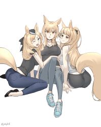 Rule 34 | 3girls, ;d, absurdres, alternate costume, animal ears, arknights, ass, aunt and niece, bare shoulders, black footwear, black pants, black shirt, black shorts, blemishine (arknights), blonde hair, blue eyes, blush, breasts, brown eyes, casual, cleavage, closed mouth, collarbone, grey pants, grey shirt, highres, horse ears, horse girl, horse tail, jeckylo1, knees up, large breasts, long hair, looking at viewer, multiple girls, nearl (arknights), one eye closed, open mouth, pants, parted lips, ponytail, shirt, short sleeves, shorts, siblings, simple background, sisters, sitting, smile, swept bangs, tail, tank top, v-shaped eyebrows, very long hair, wariza, whislash (arknights), white background, yoga pants