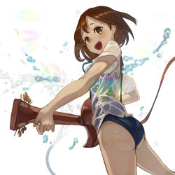 Rule 34 | 1girl, :d, ass, black one-piece swimsuit, blue ribbon, brown eyes, brown hair, commentary, cowboy shot, dress shirt, from behind, from below, guitar, hair ornament, hairclip, highres, hirasawa yui, holding, holding instrument, instrument, jeon yong ileum, k-on!, looking at viewer, looking back, music, neck ribbon, no pants, one-piece swimsuit, open mouth, playing instrument, ribbon, school swimsuit, school uniform, shirt, short hair, short sleeves, smile, solo, splashing, standing, swimsuit, swimsuit under clothes, water, water drop, wet, wet clothes, wet shirt, white background, white shirt