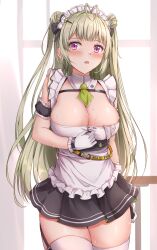 Rule 34 | 1girl, antenna hair, apron, ascot, bare shoulders, black dress, blush, breast strap, breasts, cleavage, dress, goddess of victory: nikke, green ascot, green hair, highres, large breasts, long hair, looking at viewer, maid apron, muwa12, open mouth, purple eyes, short dress, soda (nikke), solo, sweat, thighhighs, two-tone gloves, white thighhighs