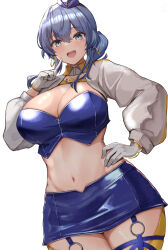 Rule 34 | 1girl, alternate breast size, anchor symbol, bandeau, blue bandeau, blue eyes, blue hair, blue hat, blue skirt, blush, breasts, cleavage, collarbone, cowboy shot, cropped jacket, earrings, garter straps, gloves, gotland (kancolle), hair between eyes, hand on own hip, hat, highres, jacket, jewelry, kantai collection, kihou no gotoku dmc, large breasts, long sleeves, looking at viewer, medium hair, mini hat, mole, mole under eye, navel, open mouth, race queen, sidelocks, simple background, skirt, smile, solo, white background, white gloves, white jacket