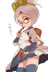 Rule 34 | 1girl, bag, glasses, hair ornament, holding, holding pen, looking at viewer, nintendo, pen, purah, red eyes, round eyewear, short hair, simple background, solo, ter (otokoter), the legend of zelda, the legend of zelda: breath of the wild, thighhighs, white background, white hair