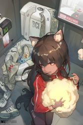 Rule 34 | 1girl, animal ears, black hair, black thighhighs, cat ears, cat tail, condom, dm (dai miao), hair between eyes, highres, holding, jacket, long hair, looking back, original, red eyes, shoes, solo, tail, thighhighs, toilet, toilet paper