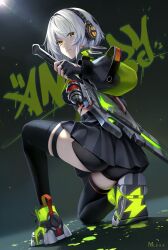 1girl absurdres anby_demara artist_logo artist_name ass black_gloves black_shorts black_skirt black_thighhighs character_name closed_mouth commentary fingerless_gloves from_behind gloves graffiti green_eyes green_shoes hashtag-only_commentary headphones highres holding holding_sword holding_weapon logo looking_at_viewer m_alexa orange_eyes scabbard sheath sheathed shoes short_hair shorts skirt solo sword thigh_strap thighhighs two-tone_eyes weapon white_hair zenless_zone_zero