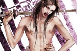 Rule 34 | 1boy, hand on own hip, hip focus, lily (artist), male focus, naruto, naruto (series), topless male, solo, sword, tongue, uchiha itachi, weapon
