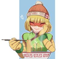 Rule 34 | 1girl, arms (game), artist name, beanie, blonde hair, blunt bangs, blush, bowl, chopsticks, closed eyes, closed mouth, eyebrows visible through mask, food, hand on own cheek, hand on own face, hat, heart, highres, holding, holding chopsticks, knit hat, lepypepy, lips, min min (arms), nintendo, noodles, orange hat, ramen, simple background, sitting, solo, white background