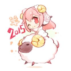 Rule 34 | 1girl, blush, chibi, chinese zodiac, headphones, horns, long hair, looking at viewer, lowres, minoa (lastswallow), new year, nitroplus, one eye closed, pink hair, sheep, sheep girl, sheep horns, smile, solo, super sonico, wool, year of the goat, year of the ram