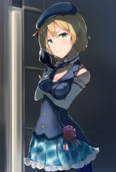 Rule 34 | 10s, 1girl, alternate costume, beret, black necktie, blonde hair, blue eyes, blue hat, blue skirt, braid, breast hold, breasts, closed mouth, collar, commentary, cowboy shot, darjeeling (girls und panzer), elbow gloves, flower, frilled collar, frilled skirt, frills, girls und panzer, gloves, half-closed eyes, hat, highres, idol, indoors, looking at viewer, medium breasts, miniskirt, necktie, necktie grab, neckwear grab, plaid, plaid skirt, pleated skirt, raised eyebrows, rose, short hair, shuiro (frog-16), skirt, sleeveless, sleeveless jacket, smile, solo, standing, twin braids, white collar, white gloves