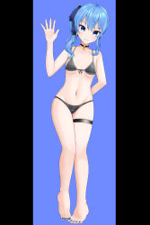 Rule 34 | 1girl, absurdres, alternate costume, arm behind back, ass, barefoot, bikini, blue background, blue eyes, blue hair, blue nails, breasts, choker, commentary request, feet, feet out of frame, full body, grey bikini, hand up, highres, hololive, hoshimachi suisei, legs, looking at viewer, nail polish, navel, pillarboxed, plaid, plaid bikini, side ponytail, sidelocks, simple background, skindentation, small breasts, solo, swimsuit, tamagotozi3420, teeth, thigh strap, thighs, toenail polish, toenails, toes, underboob, virtual youtuber, waving