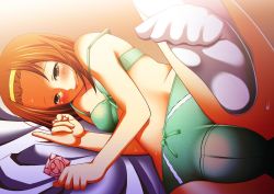 Rule 34 | 1girl, bed, blush, bow, bow panties, brown eyes, brown hair, cameltoe, come hither, condom, hairband, k-on!, lingerie, lipstick, makeup, naughty face, nukunuku (hinataboltuko), off shoulder, panties, smile, socks, solo, strap slip, sweat, tainaka ritsu, underwear