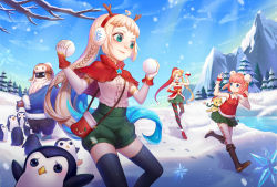 Rule 34 | 1boy, 3girls, 6+others, ahoge, alternate costume, ambitious elf jinx, annie (league of legends), antlers, argyle, argyle clothes, argyle legwear, asymmetrical gloves, asymmetrical hair, bard (league of legends), bare arms, bare shoulders, bird, black pantyhose, blonde hair, blouse, blue hair, blue sky, boots, bow, braid, breasts, brown footwear, bun cover, capelet, choker, christmas, christmas tree, day, double bun, dress, earmuffs, elbow gloves, fake antlers, fingerless gloves, fish, footprints, full body, fur-trimmed dress, fur-trimmed gloves, fur-trimmed jacket, fur trim, gift, gloves, green eyes, green shorts, green skirt, grin, hair bun, happy, hat, highres, horns, jacket, jinx (league of legends), league of legends, legs, long hair, looking at another, miniskirt, mountainous horizon, multicolored hair, multiple girls, multiple others, orange hair, outdoors, pantyhose, penguin, pleated skirt, pointy ears, puffy shorts, red capelet, red gloves, ribbon, running, santa hat, shirt, short hair, shorts, side braid, side bun, side ponytail, single hair bun, single side bun, skinny, skirt, sky, sleeveless, sleeveless shirt, small breasts, smile, snow, snow day bard, snowball, snowball fight, snowing, standing, thighhighs, thighhighs under boots, tree, two-tone hair, very long hair, zoe (league of legends)