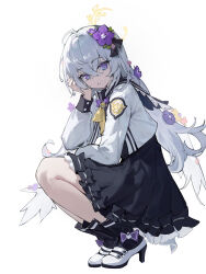 Rule 34 | 1girl, absurdres, azusa (blue archive), black footwear, black ribbon, black skirt, blue archive, commentary request, crossed bangs, feathered wings, flower, from side, full body, grey hair, hair flower, hair ornament, hair ribbon, halo, hand on own chest, highres, long hair, long sleeves, looking at viewer, maochibuqihuyu, parted lips, purple eyes, purple flower, ribbon, school uniform, serafuku, simple background, skirt, solo, squatting, two-tone footwear, white background, white footwear, white wings, wings, yellow ribbon