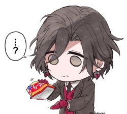 Rule 34 | ..., 1boy, ?, bag of chips, black hair, black jacket, black necktie, brown eyes, chibi, collared shirt, constantine xi (fate), curtained hair, earrings, fate/grand order, fate (series), food, food on face, gloves, holding, jacket, jewelry, male focus, masaki (star8moon), necktie, no pupils, parted lips, red gloves, red vest, shirt, short hair, simple background, solo, spoken ellipsis, spoken question mark, suit jacket, upper body, vest, white background, white shirt