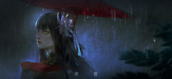 Rule 34 | 1girl, absurdres, black collar, black hair, black kimono, blunt bangs, character name, cloudy.zy, collar, epiphyllum, expressionless, final fantasy, final fantasy xiv, flower, green eyes, hair flower, hair ornament, hair stick, highres, holding, holding umbrella, hyur, japanese clothes, kimono, lace collar, leaf, long hair, looking at viewer, looking back, mole, mole under mouth, outdoors, portrait, rain, realistic, red lips, solo, straight hair, umbrella, yotsuyu goe brutus