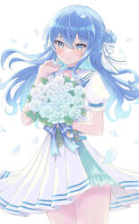 Rule 34 | 1girl, absurdres, blue choker, blue eyes, blue hair, blush, bouquet, choker, closed mouth, colored inner hair, cowboy shot, double-parted bangs, earrings, flower, frilled sleeves, frills, hair between eyes, hair bun, half-skirt, half updo, highres, holding, holding bouquet, hololive, hoshimachi suisei, hoshimachi suisei (school uniform), jewelry, kohaku (csacu), long hair, looking at viewer, multicolored hair, official alternate costume, official alternate hairstyle, pearl earrings, pleated skirt, puffy short sleeves, puffy sleeves, sailor collar, school uniform, serafuku, shirt, short sleeves, simple background, single side bun, skirt, smile, solo, star (symbol), star in eye, symbol in eye, virtual youtuber, white background, white sailor collar, white serafuku, white shirt, white skirt