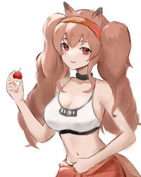 Rule 34 | 1girl, :d, absurdres, angelina (arknights), animal ears, arknights, bare arms, bare shoulders, black choker, brown hair, camisole, cherry, choker, collarbone, crop top, food, fox ears, fruit, hairband, hand up, highres, holding, holding food, holding fruit, long hair, looking at viewer, midriff, navel, obniermarbiss, official alternate costume, open mouth, red eyes, red hairband, simple background, smile, solo, spaghetti strap, sports bra, stomach, twintails, upper body, very long hair, white background