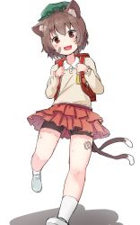 Rule 34 | 1girl, :d, animal ear fluff, animal ears, backpack, bag, blush, brown eyes, brown hair, cat ears, cat tail, chen, fang, flat chest, full body, hat, highres, looking at viewer, mamemochi, mob cap, multiple tails, nekomata, open mouth, pink skirt, pleated skirt, randoseru, short hair, shorts, simple background, skin fang, skirt, smile, solo, tail, touhou, two tails, walking, white background