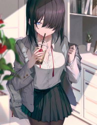 Rule 34 | 1girl, backpack, bad id, bad twitter id, bag, black hair, black pantyhose, black skirt, blazer, blue eyes, blurry, breasts, cleavage, cowboy shot, cup, depth of field, disposable cup, dress shirt, drinking straw, film grain, hair over one eye, highres, holding, holding cup, indoors, jacket, medium hair, original, pantyhose, partially unbuttoned, plant, pleated skirt, potted plant, shirt, skirt, soya (torga), white shirt