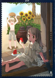 Rule 34 | absurdres, arm support, armpits, barefoot, bloomers, brown eyes, brown hair, cat, child, dress, eating, closed eyes, feet, flat chest, flower, food, fruit, happy, highres, long hair, ran system, sitting, smile, sunflower, topless, underwear, watermelon, wet