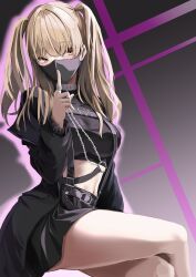 Rule 34 | 1girl, absurdres, black jacket, black mask, black shirt, black skirt, breasts, chest harness, commentary, cropped shirt, finger to mouth, fooming, harness, highres, index finger raised, jacket, jewelry, leather belt, light brown hair, long hair, looking at viewer, mask, medium breasts, midriff, miniskirt, mouth mask, navel, nijisanji, official alternate costume, official alternate hairstyle, ring, shirt, shushing, sister claire, sister claire (9th costume), skirt, solo, suspender skirt, suspenders, t-shirt, taut clothes, taut shirt, two side up, virtual youtuber