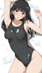 Rule 34 | 1girl, amagami, ayatsuji tsukasa, black eyes, black hair, black one-piece swimsuit, blunt bangs, blush, breasts, commentary request, covered navel, foam, long hair, looking at viewer, lying, medium breasts, mobu, on back, one-piece swimsuit, open mouth, solo, swimsuit, thighs, wet