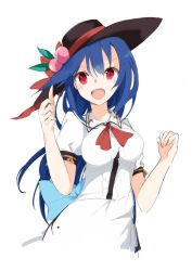 Rule 34 | 1girl, black hat, blouse, blue bow, blue dress, blue hair, bow, collared shirt, dress, food, frills, fruit, hat, hinanawi tenshi, large bow, long hair, looking at viewer, neck ribbon, open mouth, peach, puffy short sleeves, puffy sleeves, red eyes, red ribbon, ribbon, shirt, short sleeves, sketch, smile, solo, standing, tetsurou (fe+), touhou, very long hair, white shirt