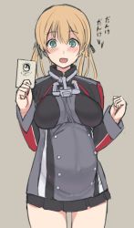 Rule 34 | 10s, 1girl, anchor hair ornament, blonde hair, blush, breasts, card, hair ornament, holding, kantai collection, large breasts, looking at viewer, military, military uniform, no headwear, open mouth, pregnant, prinz eugen (kancolle), skirt, smile, solo, taji (crowview), translated, twintails, uniform